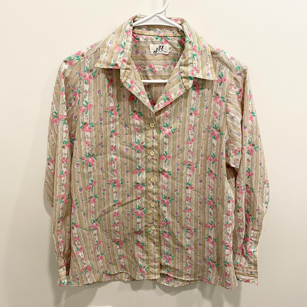 Vintage Striped and Floral Long Sleeved Blouse